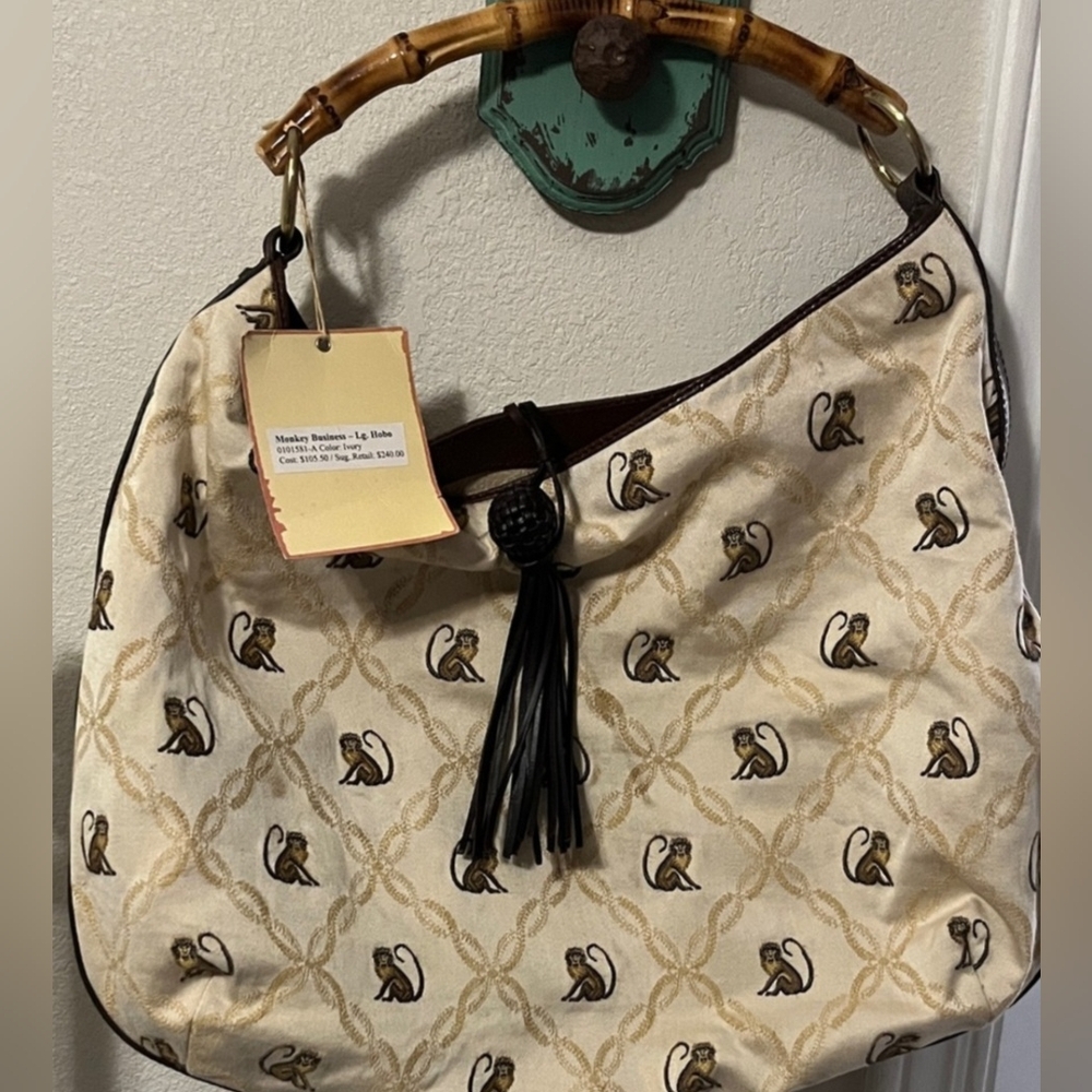 Tommy Bahama Monkey Print Beige Hobo Bag Purse with Bamboo Handle NWT